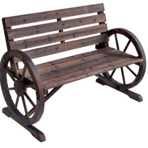 Brown wooden wagon wheel porch bench with slatted seat and backrest on a white background