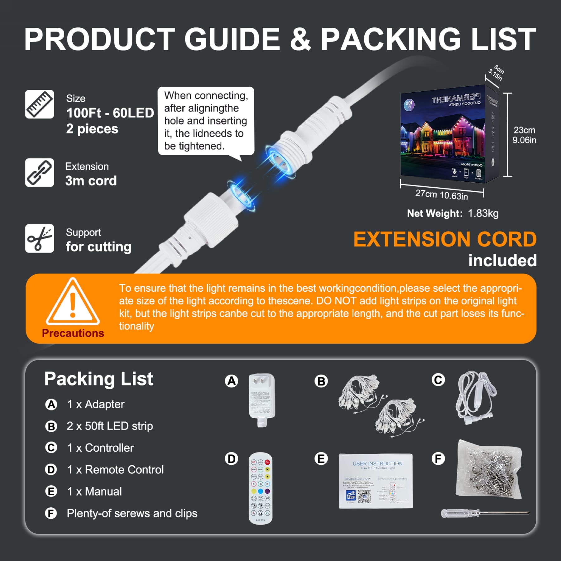 100-foot permanent outdoor eave lights packing list with two 50-foot LED sections, controller, adapter, remote, extension cord, clips, and screws