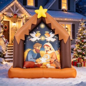 3.9 ft lighted Christmas inflatable nativity scene with the Holy Family, angels, and star in a snowy front yard