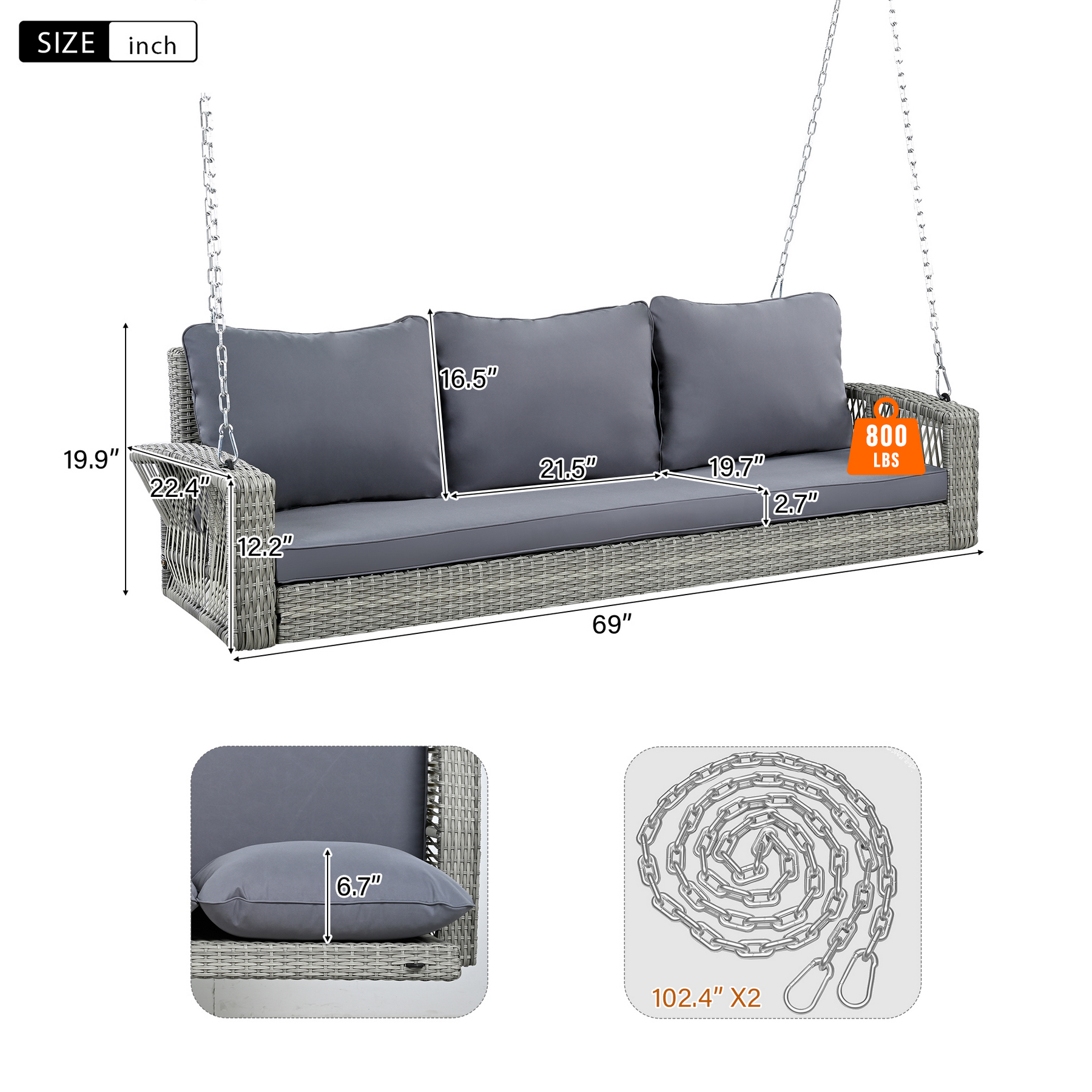 69-inch 3-person wicker porch swing dimensions with cushion sizes 800 lb capacity and 102.4-inch chains