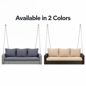 3-person wicker porch swing shown in Gray and Brown color options with cushions and hanging chains