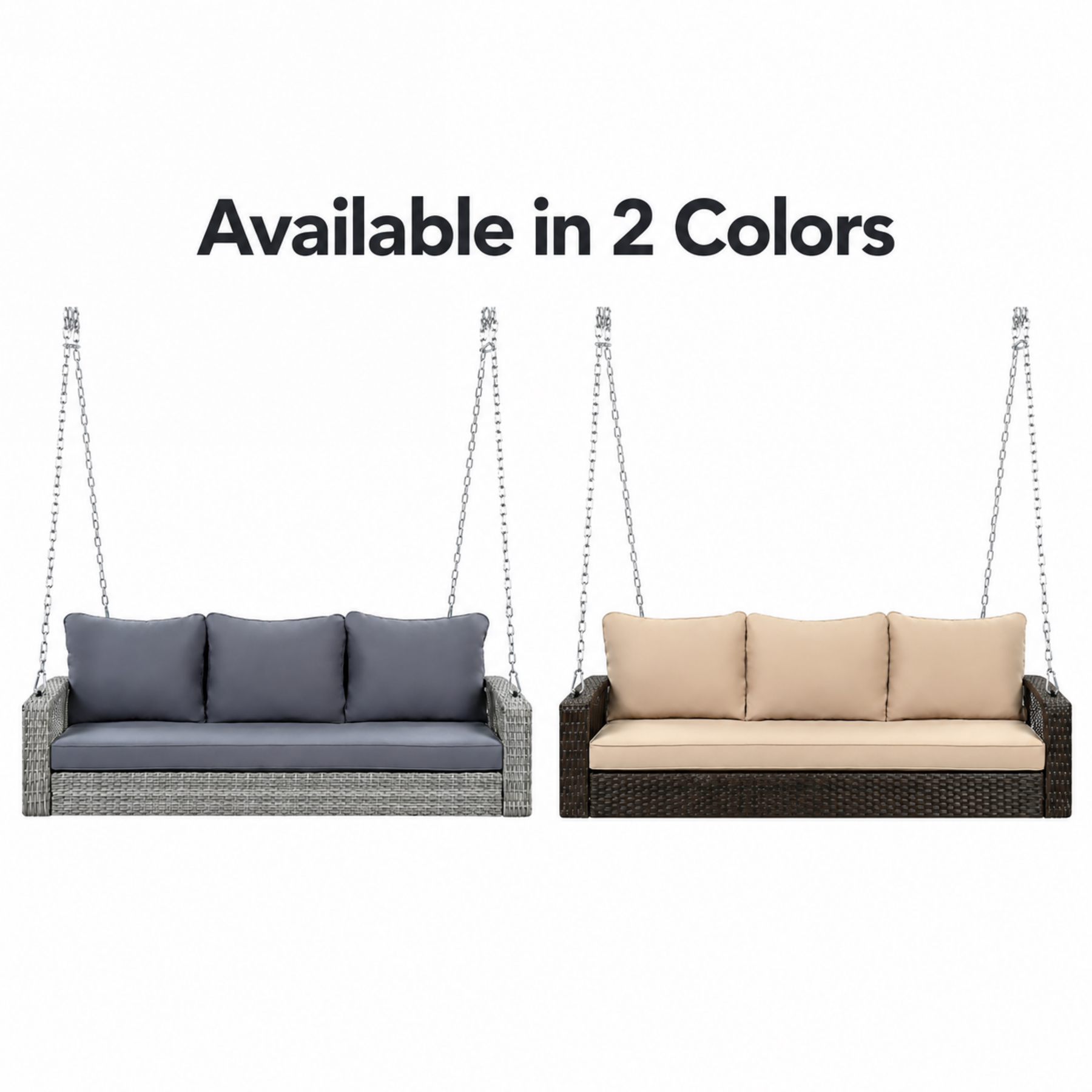 3-person wicker porch swing shown in Gray and Brown color options with cushions and hanging chains