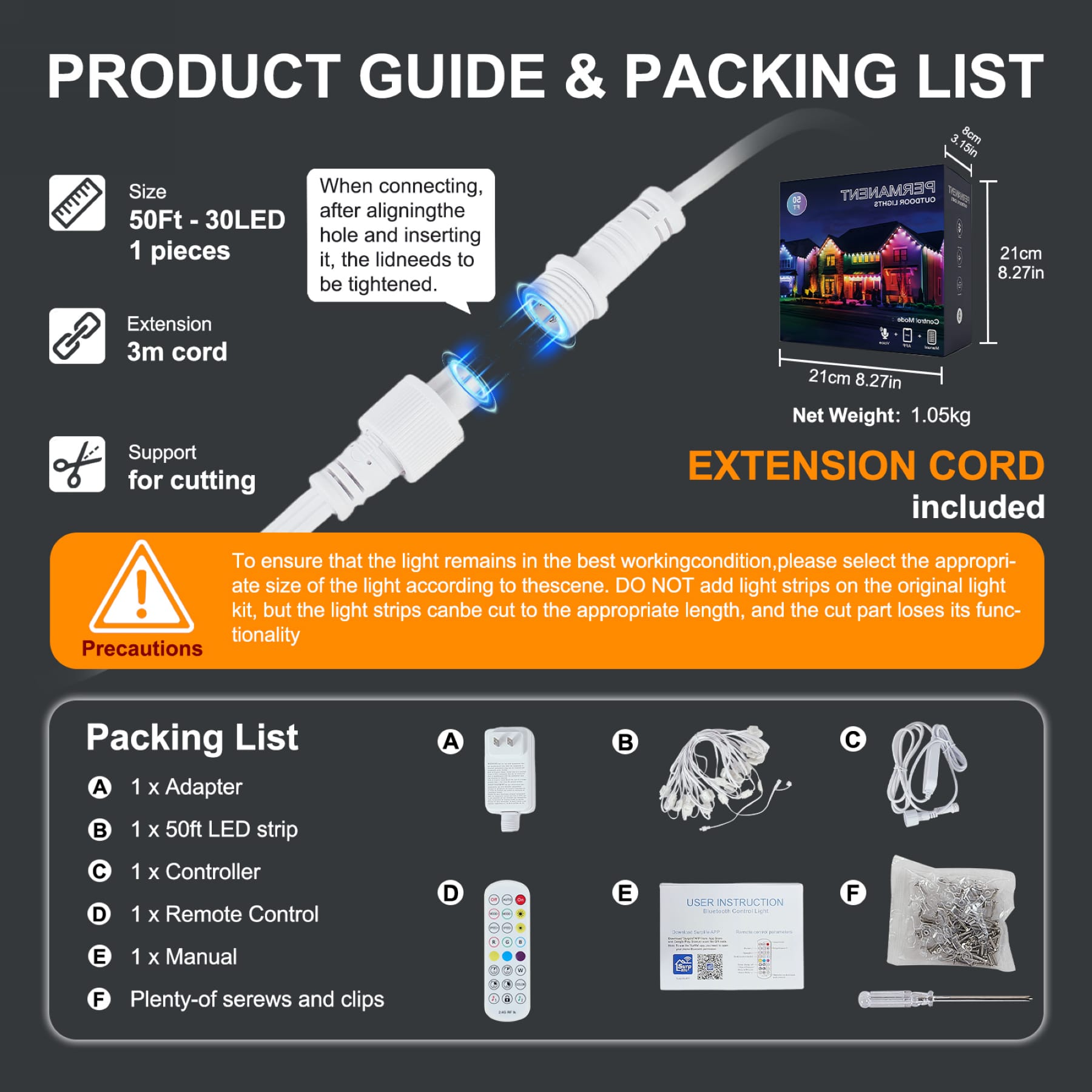 50-foot permanent outdoor eave lights packing list with controller, adapter, remote, extension cord, clips, and installation details