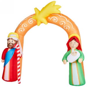 7.6 ft Christmas inflatable nativity arch with Joseph, Mary holding baby Jesus, and a Bethlehem star on a white background