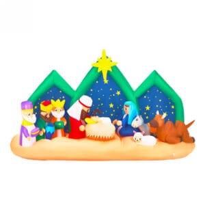 9 ft wide Christmas inflatable nativity scene with starry night backdrop, Holy Family, Three Wise Men, Bethlehem star, and animals on a white background