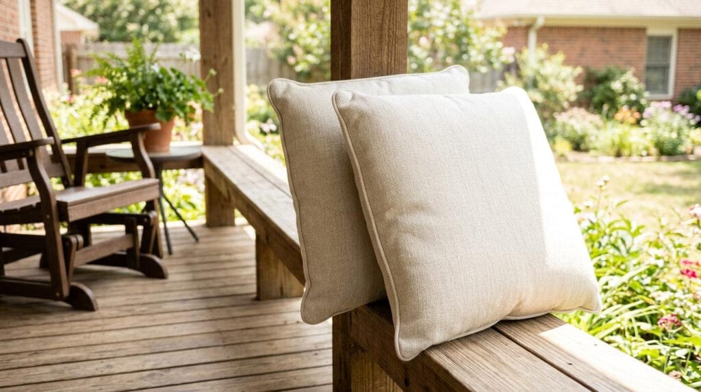 Outdoor seat cushions standing on their sides to air-dry on a covered porch