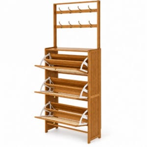 Brown bamboo shoe cabinet with eight coat hooks and three open flip-down drawers showing adjustable shoe compartments