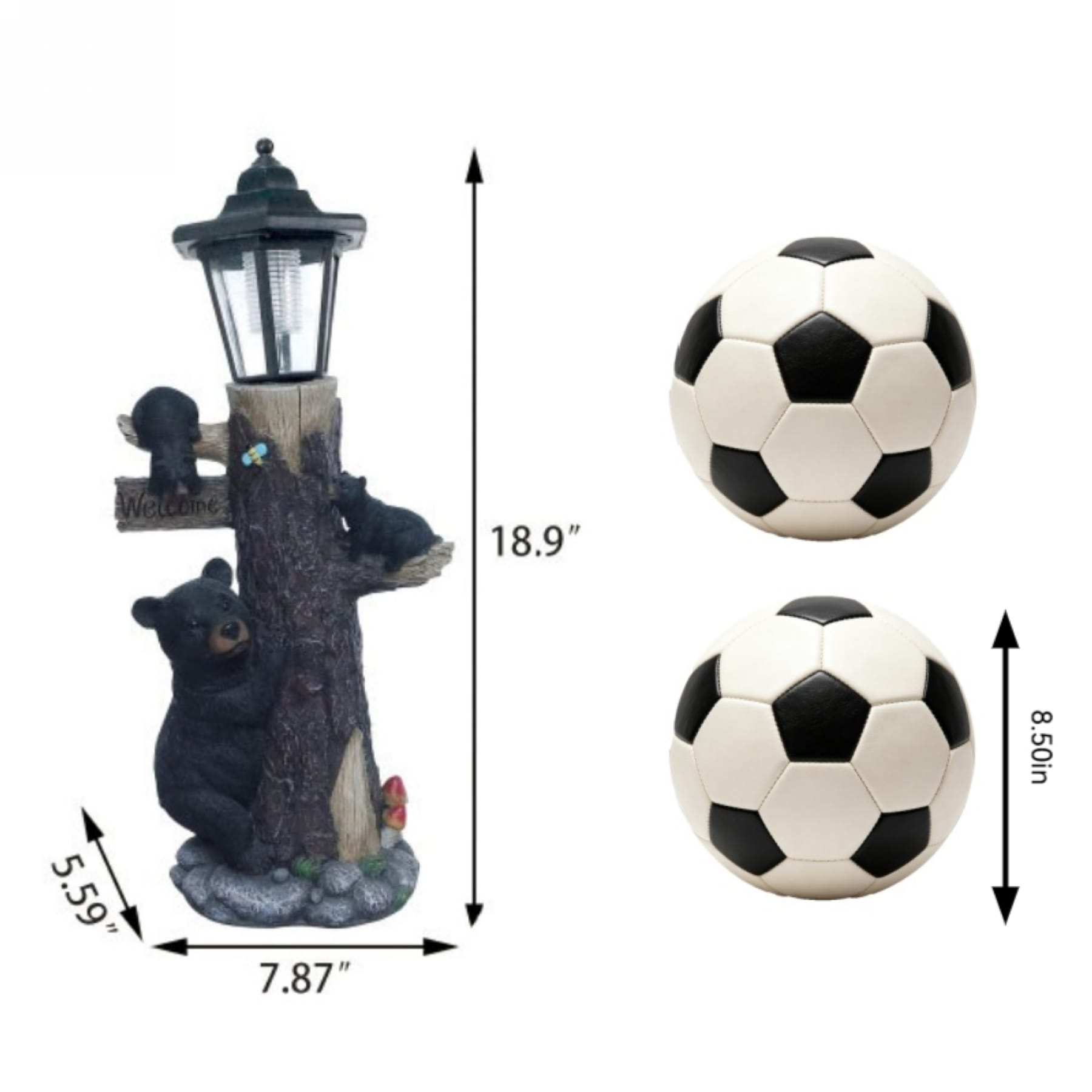 Black bear garden statue dimension guide with soccer ball shown for size reference