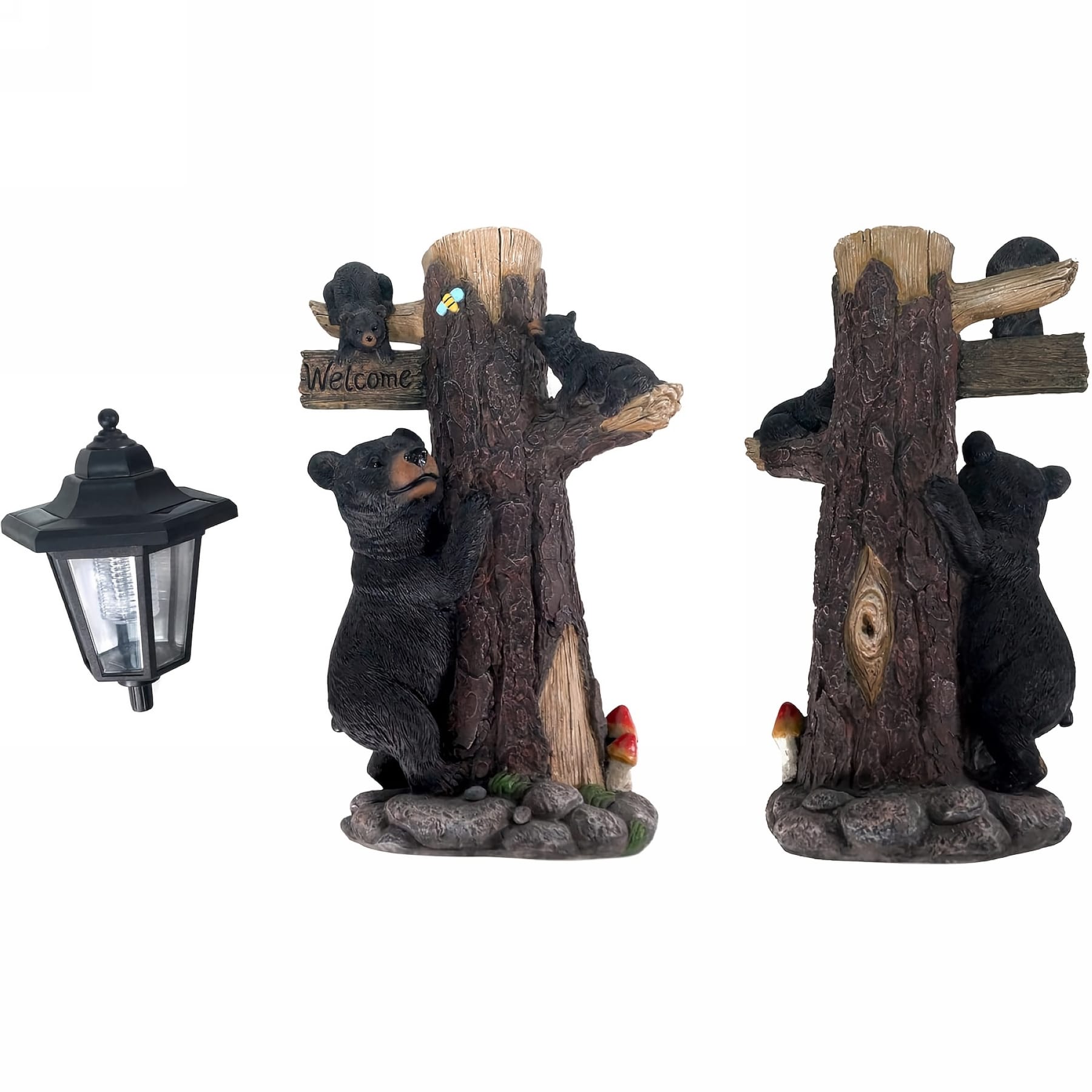 Black bear garden statue shown from front and back with separate solar lantern and welcome sign