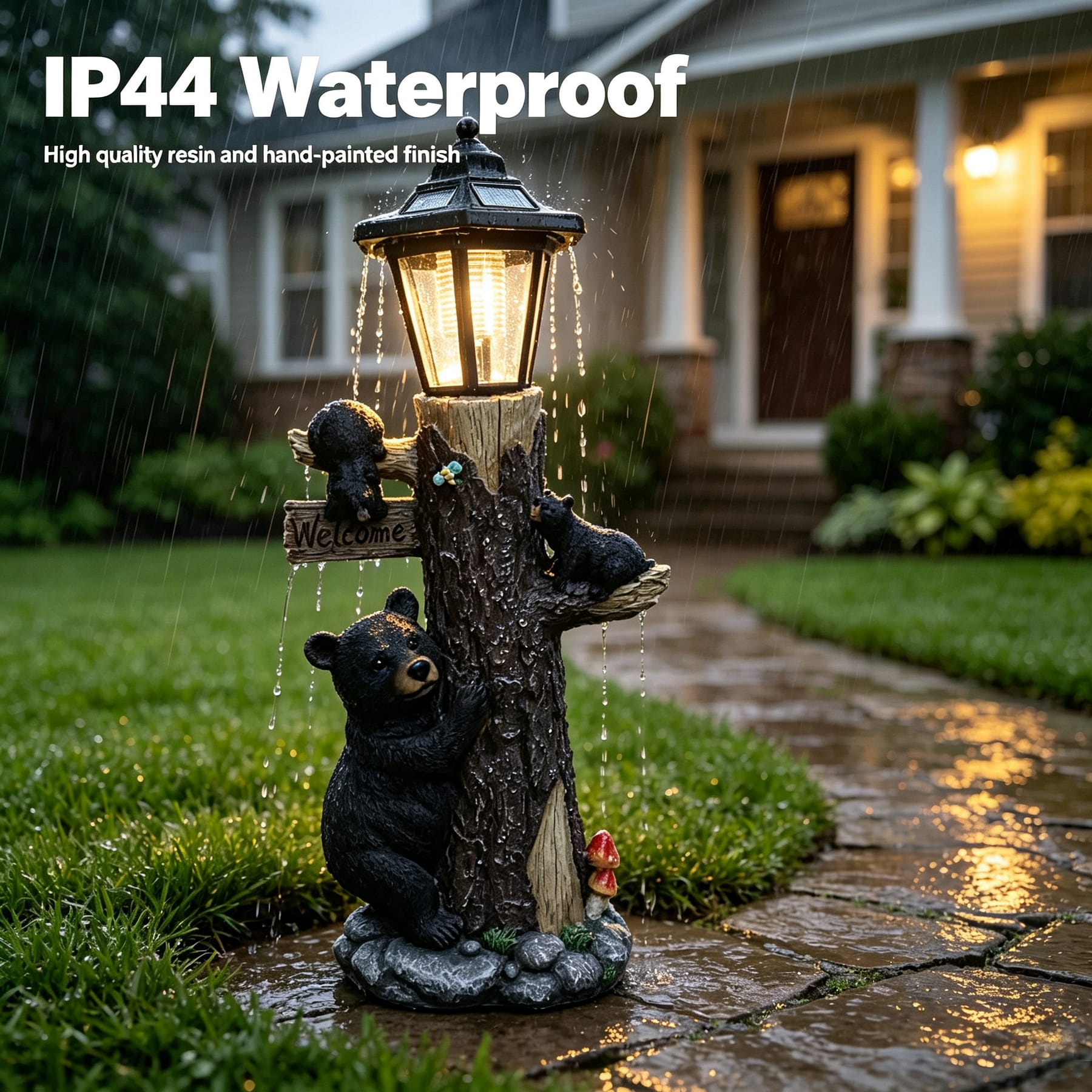 Black bear garden statue with IP44 water-resistant design and hand-painted resin finish