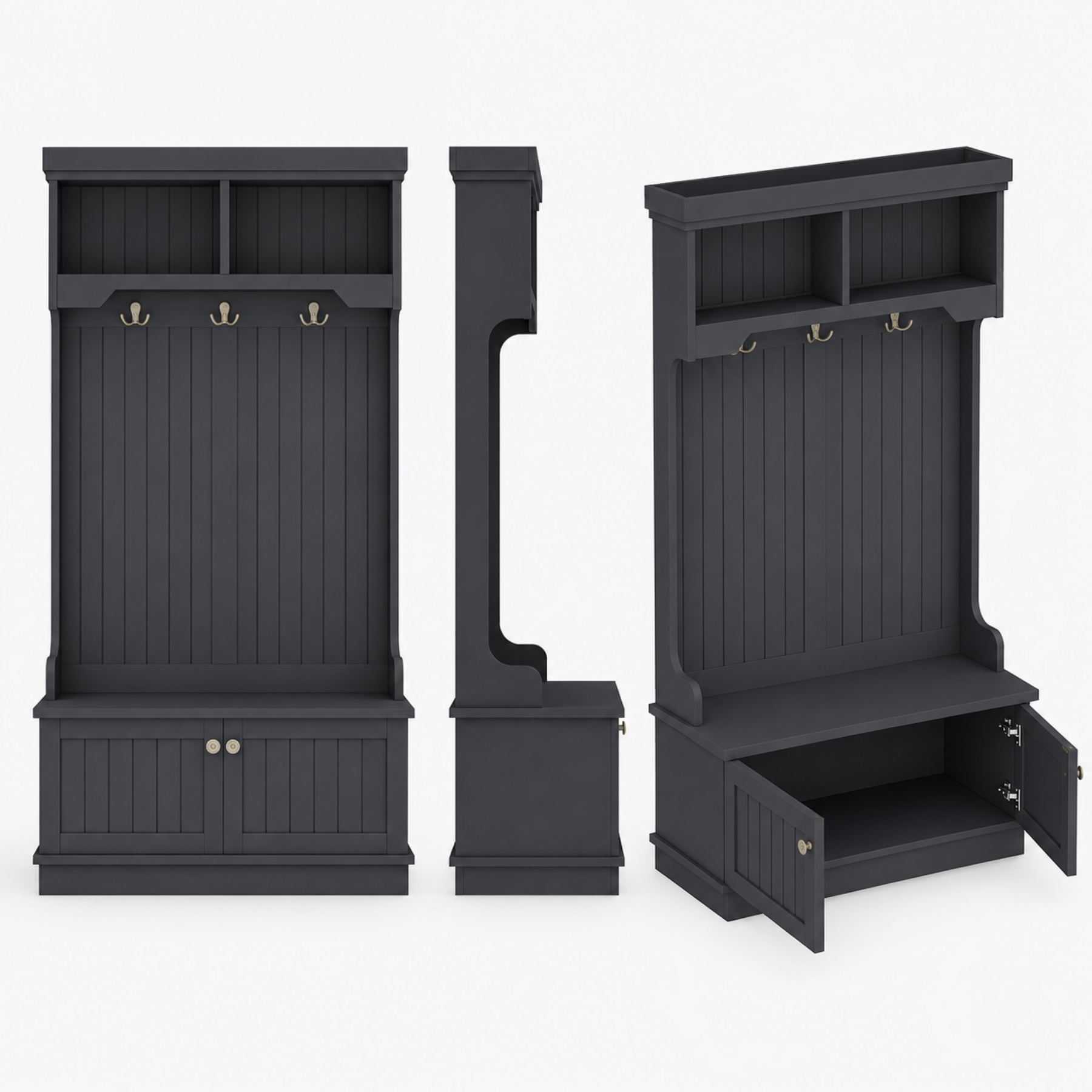 Black entryway hall tree shown from front side and open-cabinet views with coat hooks and upper shelves