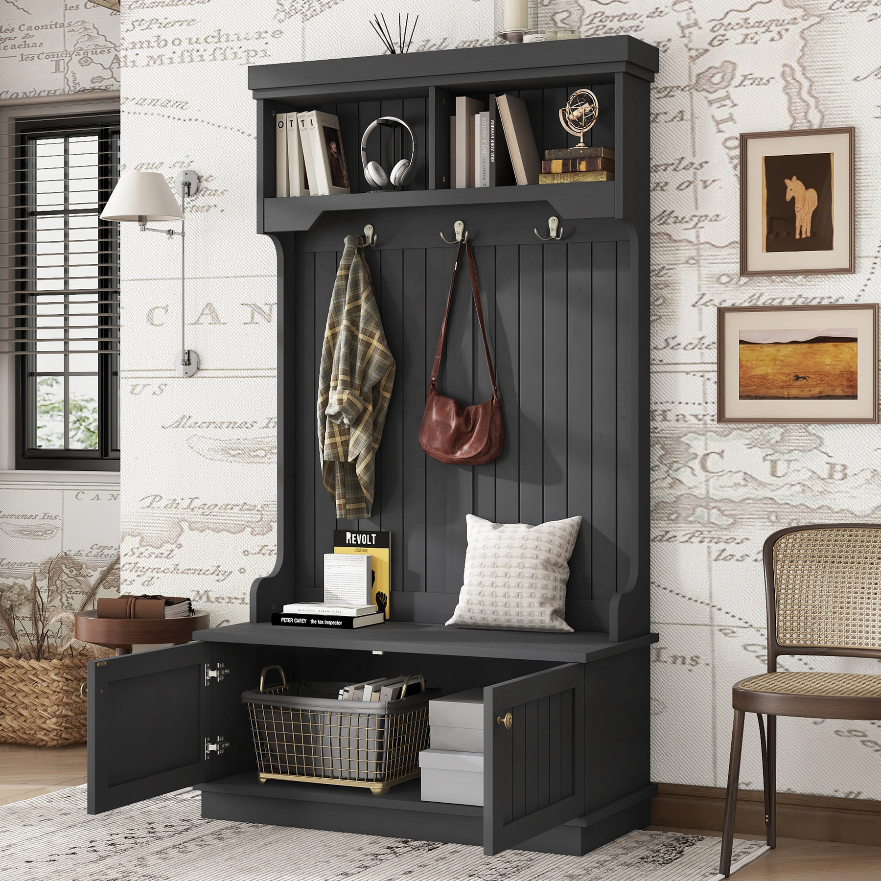 Black entryway hall tree with storage bench, three double hooks, upper shelves, and lower cabinet doors open