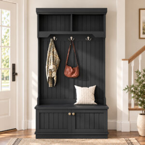 Black hall tree with shoe storage bench three double coat hooks cabinet and upper shelves