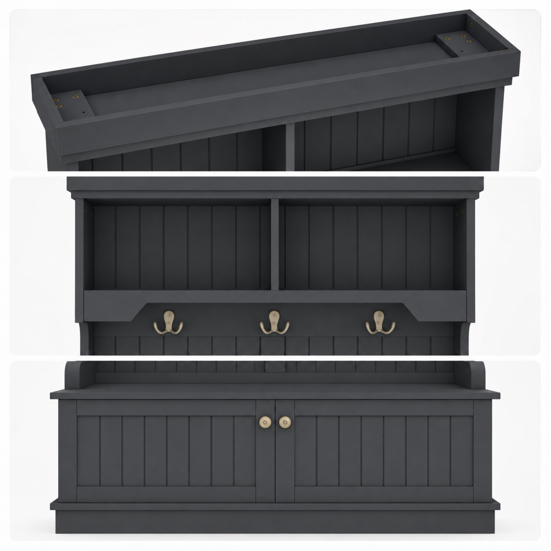 Black entryway hall tree detail collage showing upper shelves three double hooks and lower storage cabinet