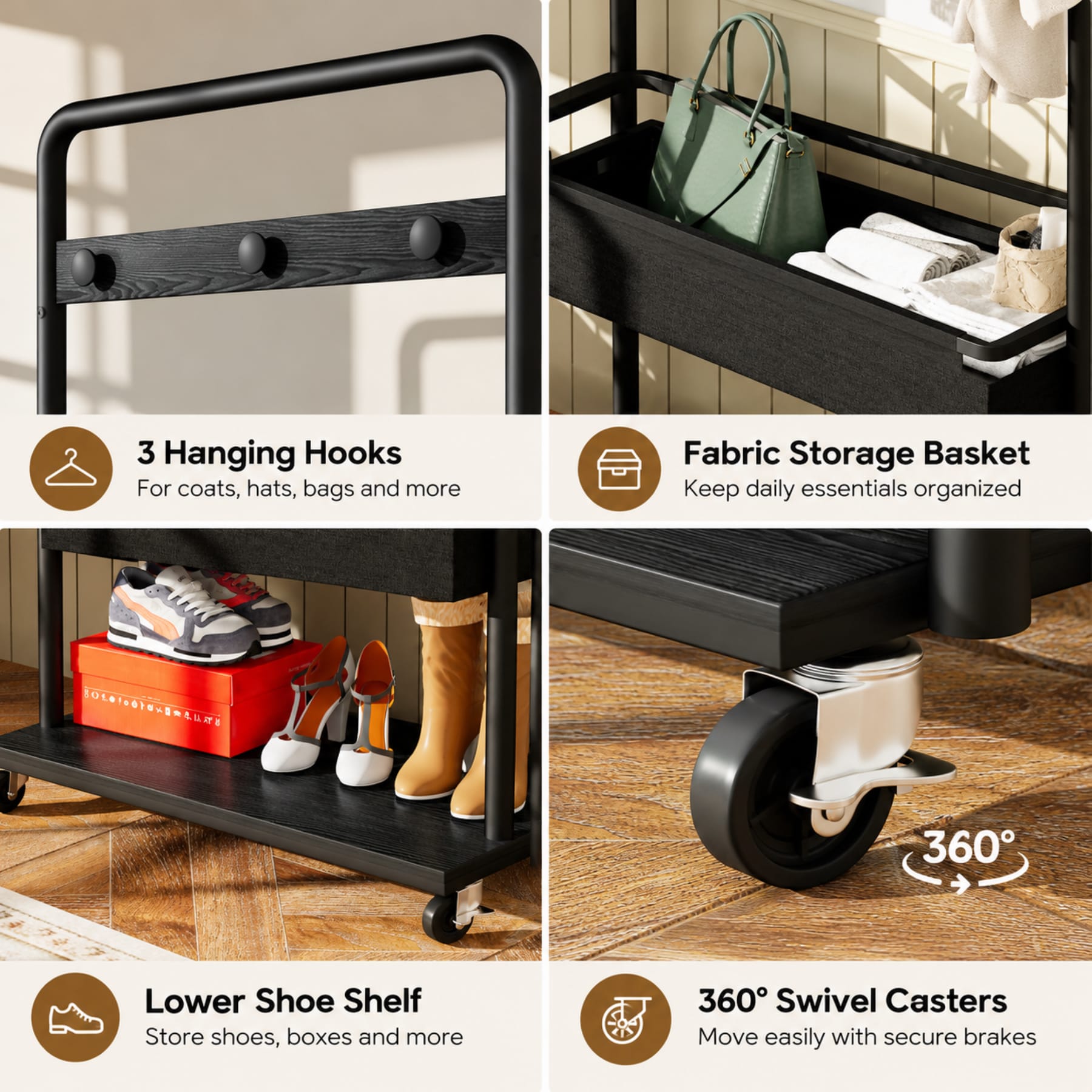 Black rolling coat rack detail collage showing three hanging hooks, fabric storage basket, lower shoe shelf, and swivel casters