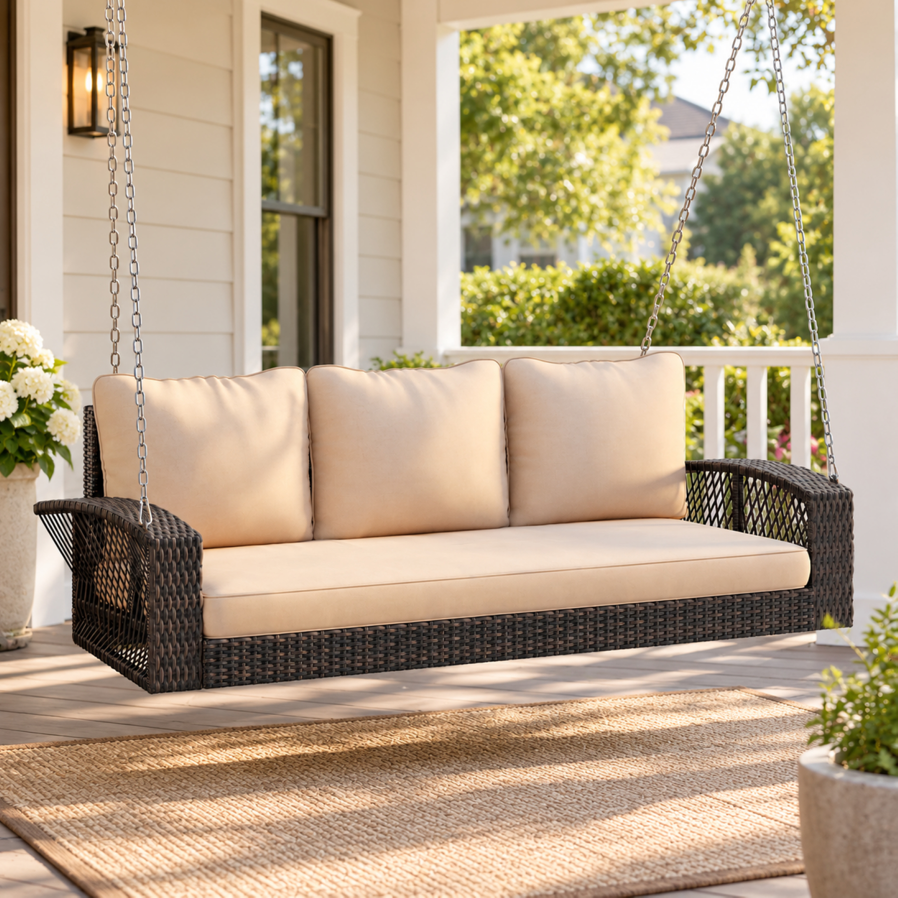 Brown 3-person wicker porch swing with beige cushions and hanging chains
