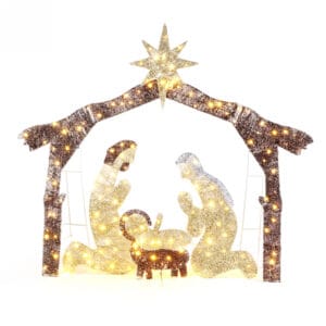 190 LED Christmas Nativity scene with brown manger-style roof, Bethlehem star, and illuminated figures on a white background