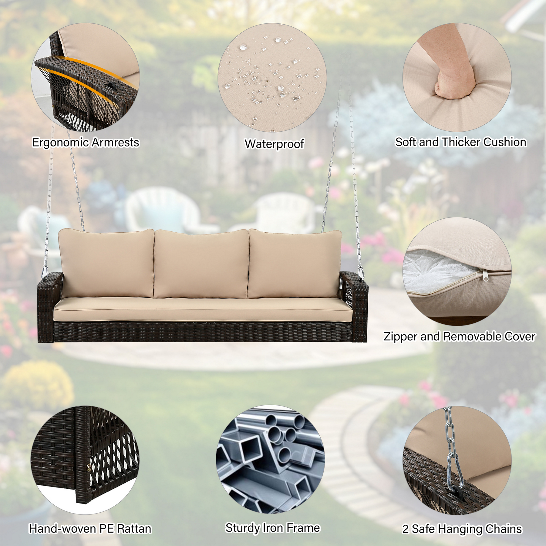 Brown 3-person wicker porch swing with ergonomic armrests thick cushions removable covers PE rattan iron frame and hanging chains