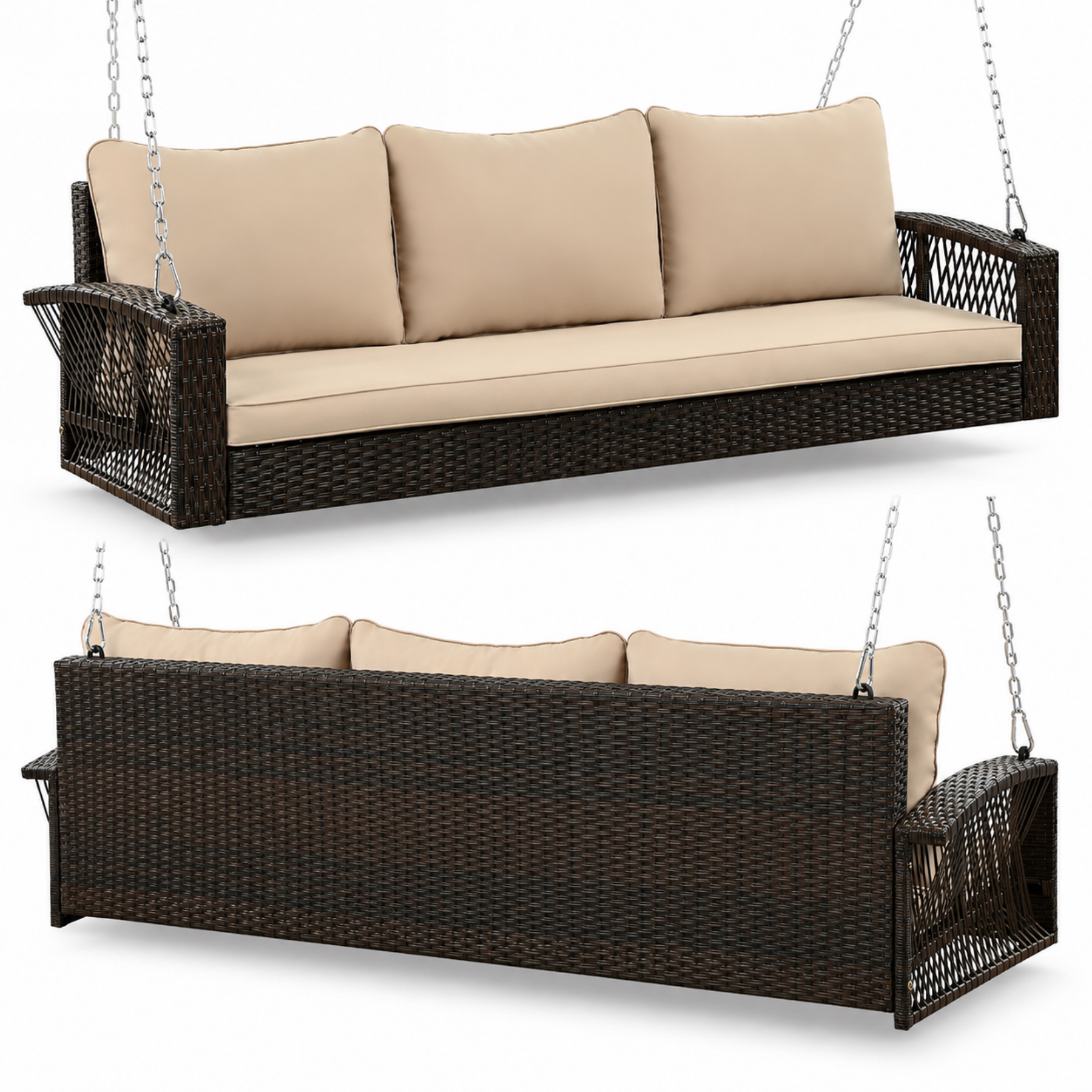 Brown 3-person wicker porch swing shown from front and rear with beige cushions and hanging chains