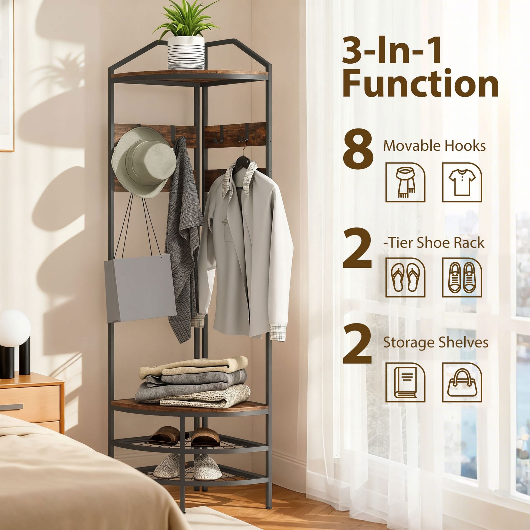 3-in-1 corner hall tree with eight movable coat hooks, two-tier shoe rack, and two open storage shelves