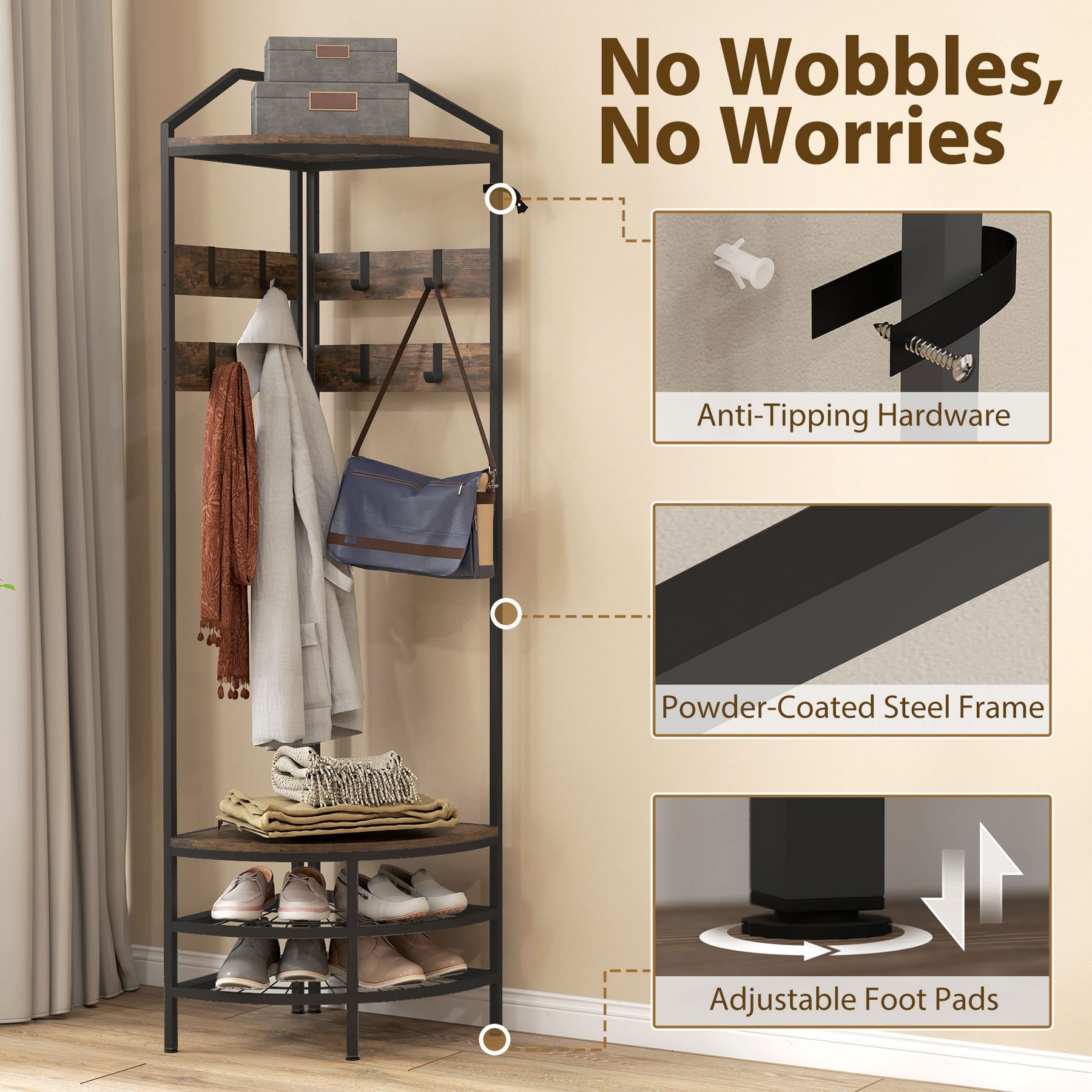 Corner hall tree detail showing anti-tip hardware, powder-coated steel frame, and adjustable foot pads