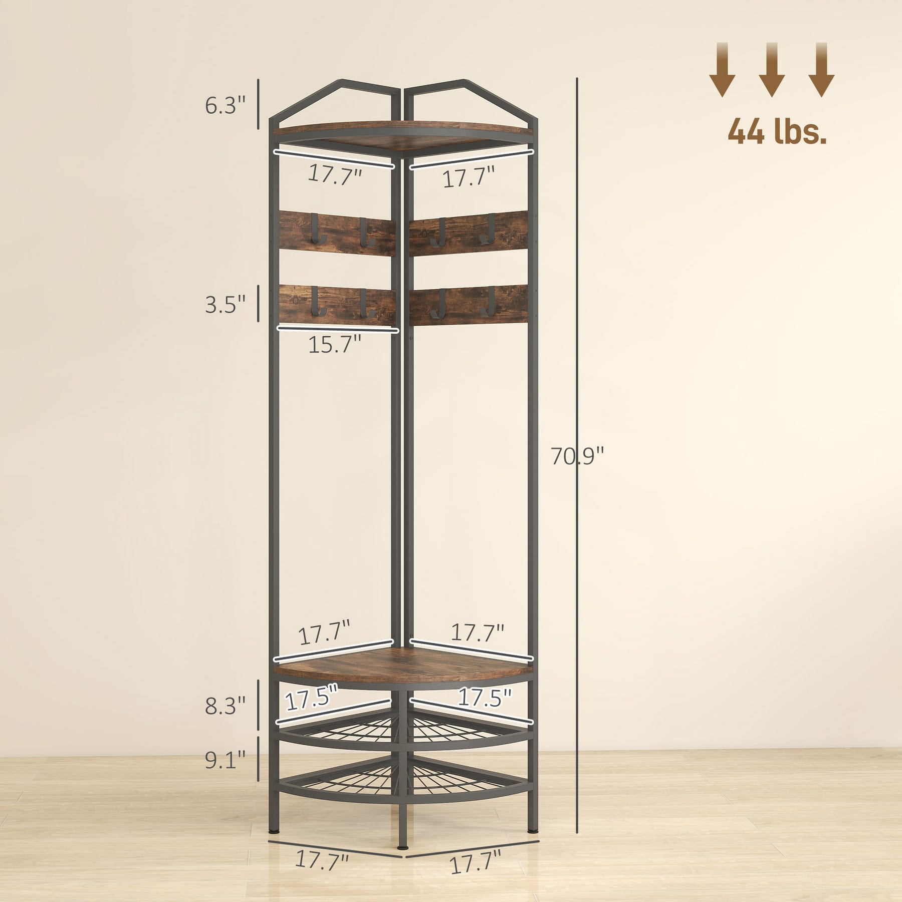 Corner hall tree dimension guide showing 17.7-inch width, 70.9-inch height, shoe rack measurements, and 44 lb total weight capacity