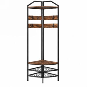corner-hall-tree-shoe-rack-white-background Rustic brown corner hall tree with black metal frame, coat hooks, two storage shelves, and two-tier shoe rack on a white background