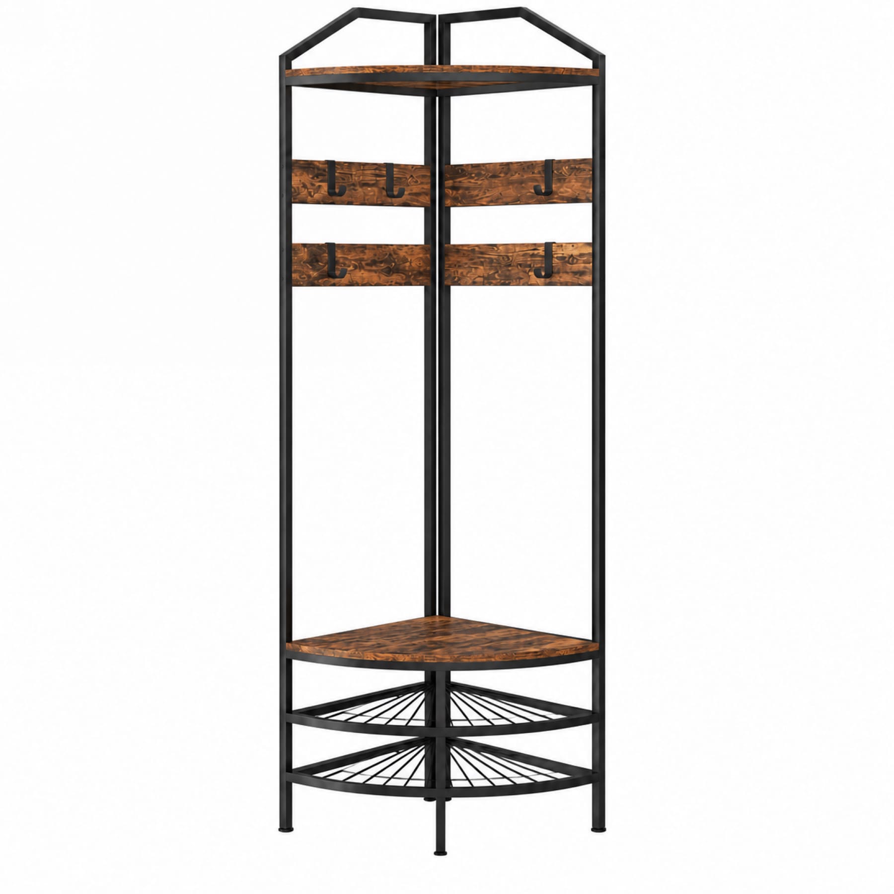 Rustic brown corner hall tree with black metal frame, coat hooks, two storage shelves, and two-tier shoe rack on a white background