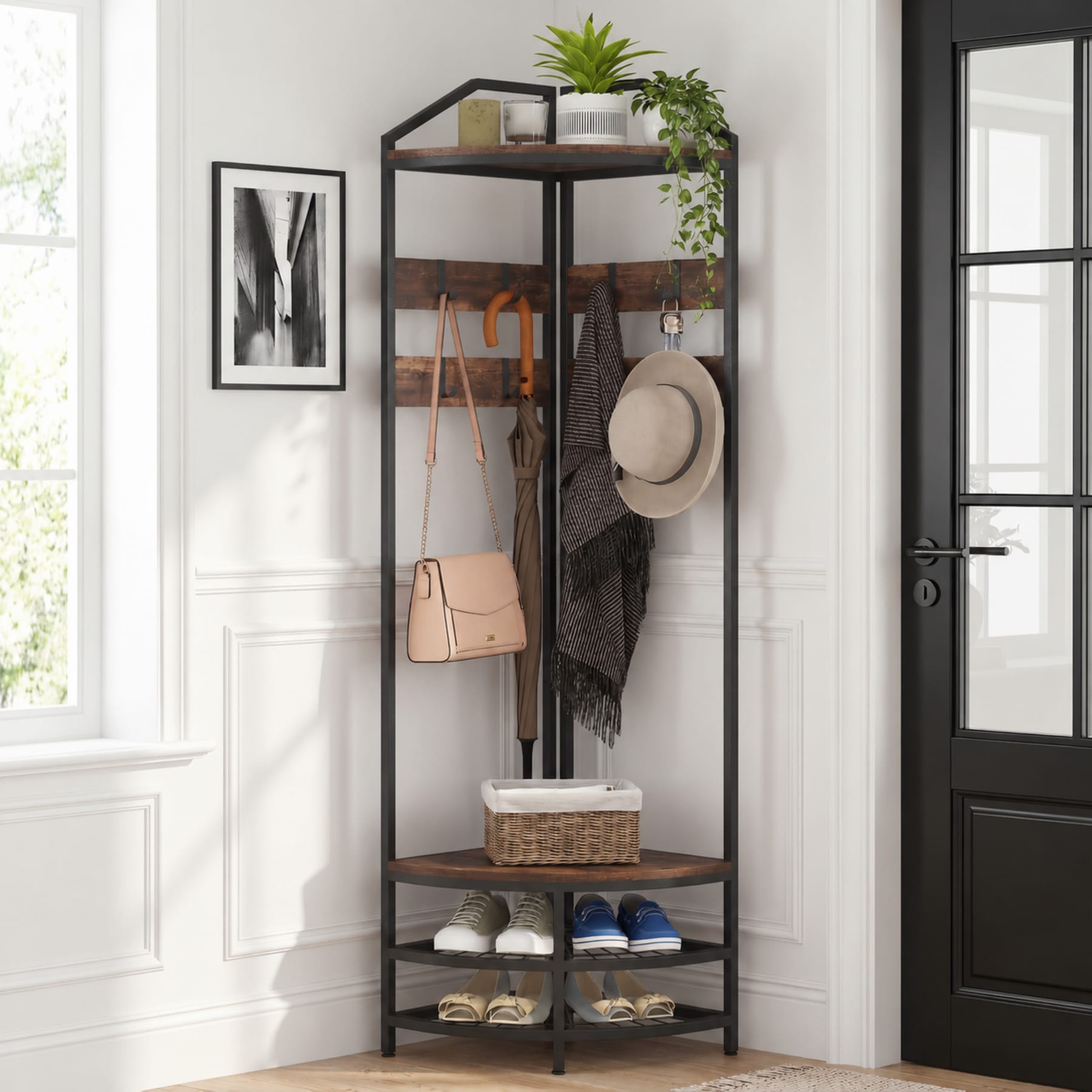 Rustic brown corner hall tree with black steel frame, coat hooks, shoe racks, and storage shelves in an entryway