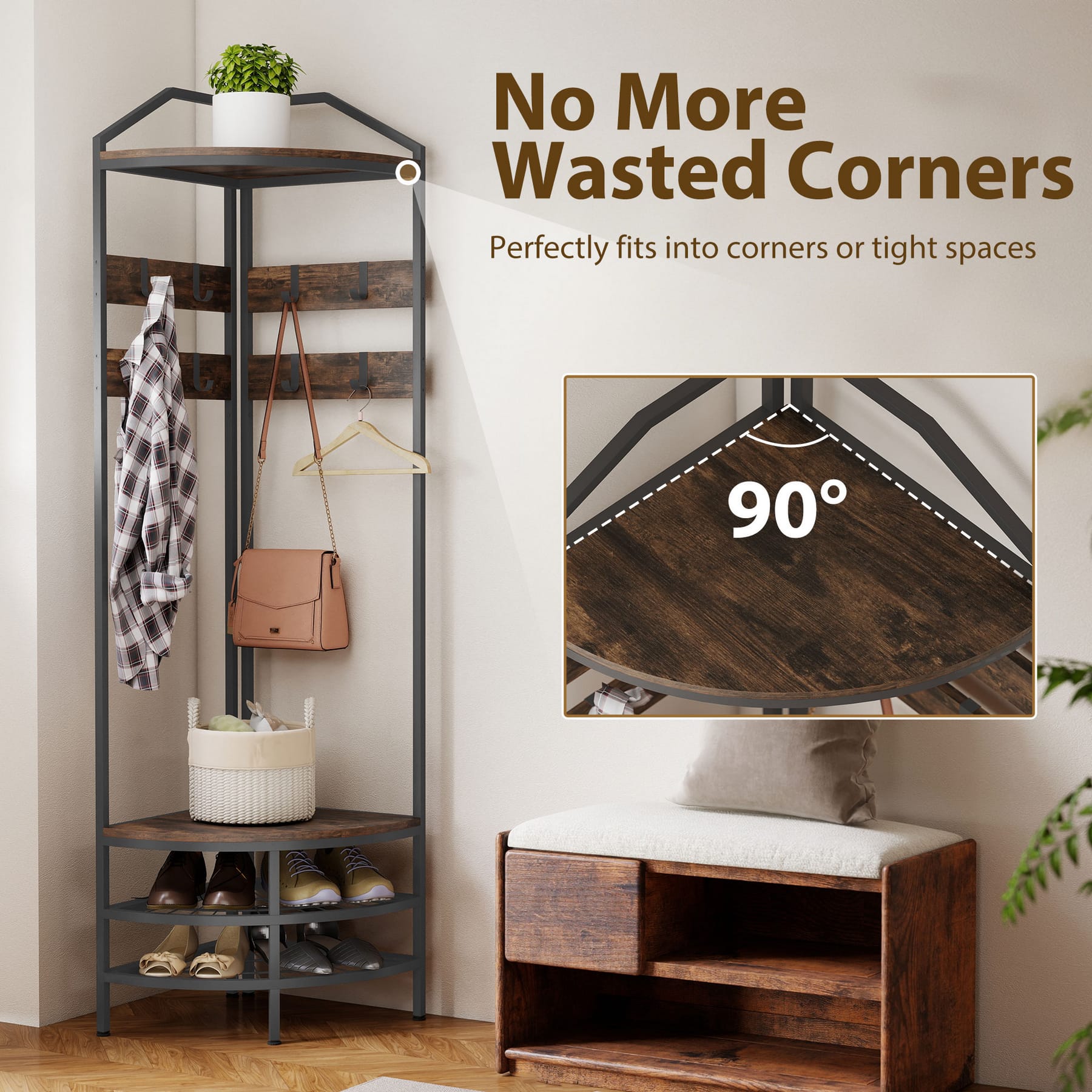 Space-saving corner hall tree with coat hooks and shoe storage designed to fit into a 90-degree room corner