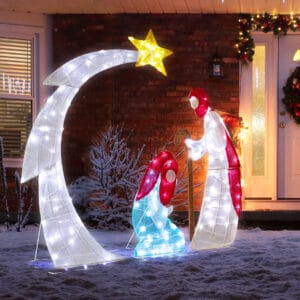 170 LED crescent moon Christmas Nativity scene with Mary, Joseph, and an illuminated Bethlehem star displayed outside a front entrance at night