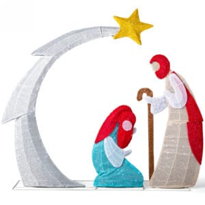 170 LED crescent moon Nativity scene with Mary, Joseph, and a Bethlehem star on a white background