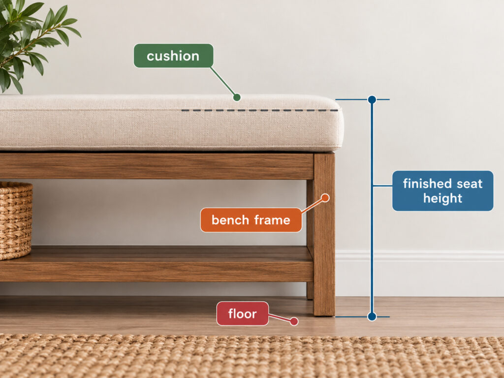 Entryway bench diagram showing floor, bench frame, cushion, finished seat height, and cushion compression