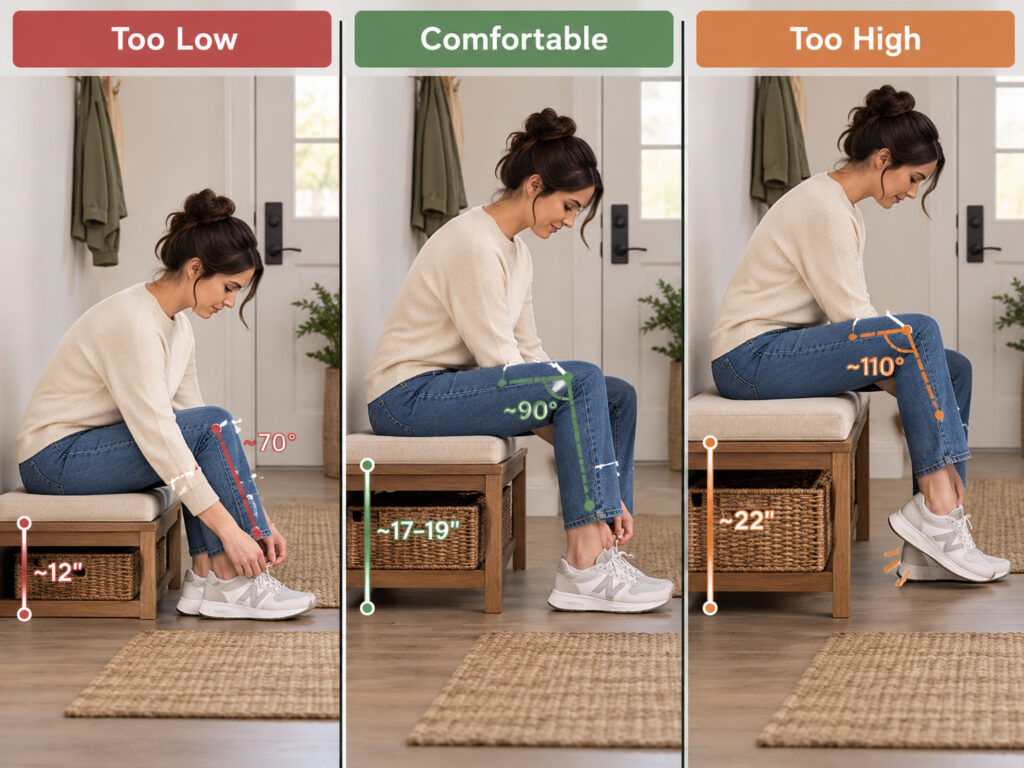 Comparison of low, comfortable, and high entryway bench heights showing foot position and knee angle