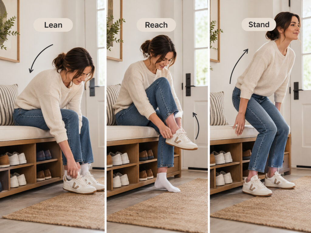 Adult using an entryway bench to lean forward, reach a shoe, and stand up while changing shoes