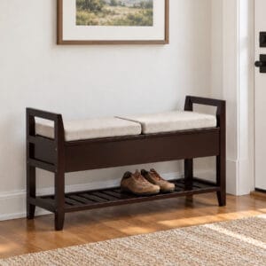 Espresso entryway shoe storage bench with beige cushioned seats low side armrests and slatted shoe shelf