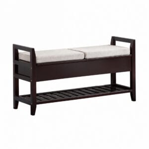 espresso-entryway-shoe-storage-bench-white-background Espresso entryway shoe storage bench with beige cushioned lift-top seats and slatted shoe shelf on white background