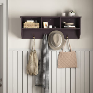 Espresso wall-mounted entryway coat rack with three cubbies shelf and four metal hooks