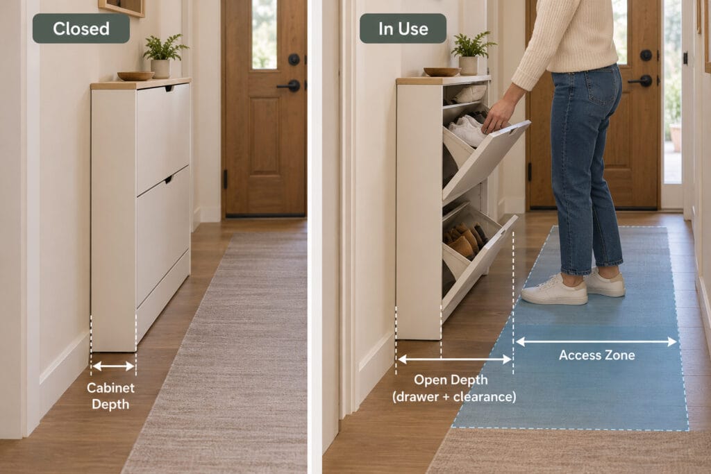 Closed and in-use views of a flip-drawer shoe cabinet showing cabinet depth, open drawer clearance, and access zone