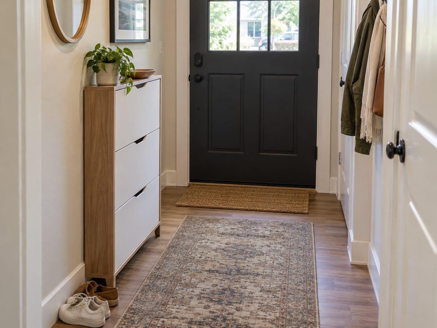 Slim flip-drawer shoe cabinet placed in a narrow entryway with a clear walking path