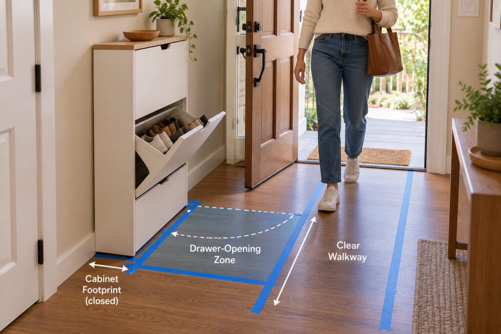 Painter’s tape marking a flip-drawer shoe cabinet footprint, drawer-opening zone, and clear walkway in an entryway