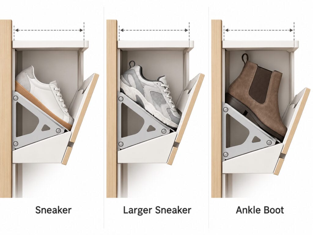 Side view showing how different shoe types fit inside a flip-drawer shoe cabinet compartment