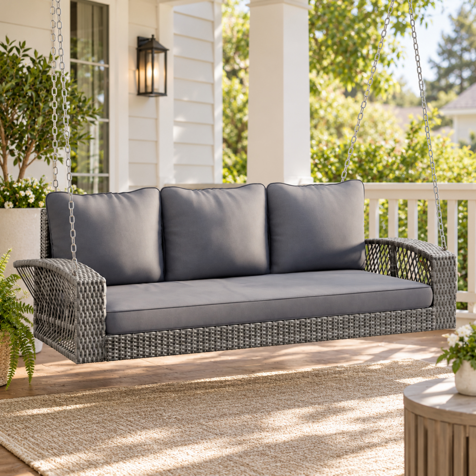 Gray 3-person wicker porch swing with gray cushions and hanging chains