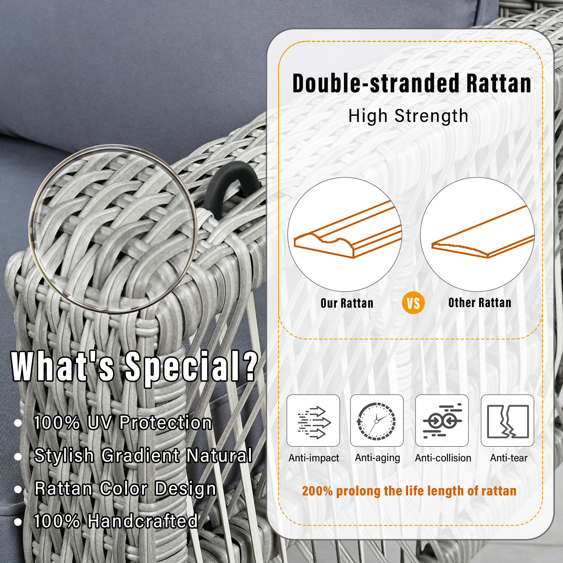 Gray 3-person wicker porch swing showing double-strand PE rattan weave and handwoven construction details