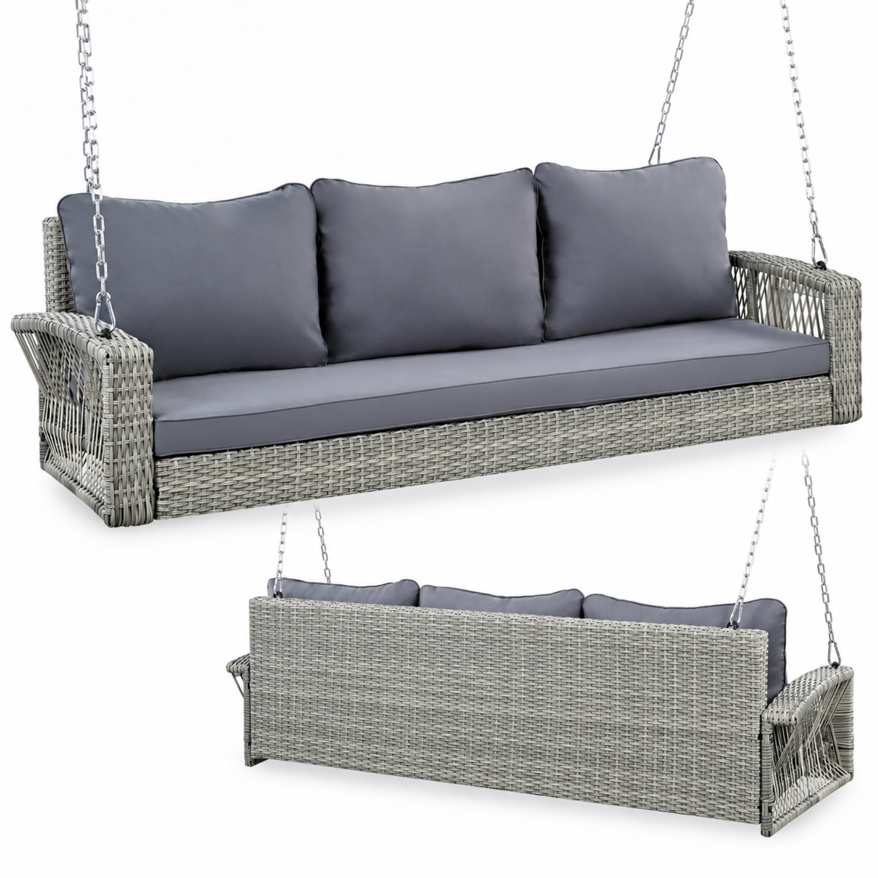Gray 3-person wicker porch swing shown from front and rear with cushions and hanging chains