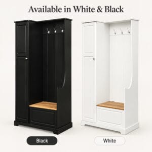 hall-tree-black-white-color-options Hall tree with storage cabinet and flip-up bench shown in Black and White color options