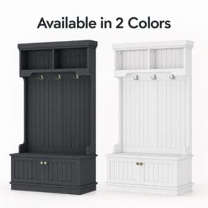 Entryway hall tree with storage bench shown in Black and White color options