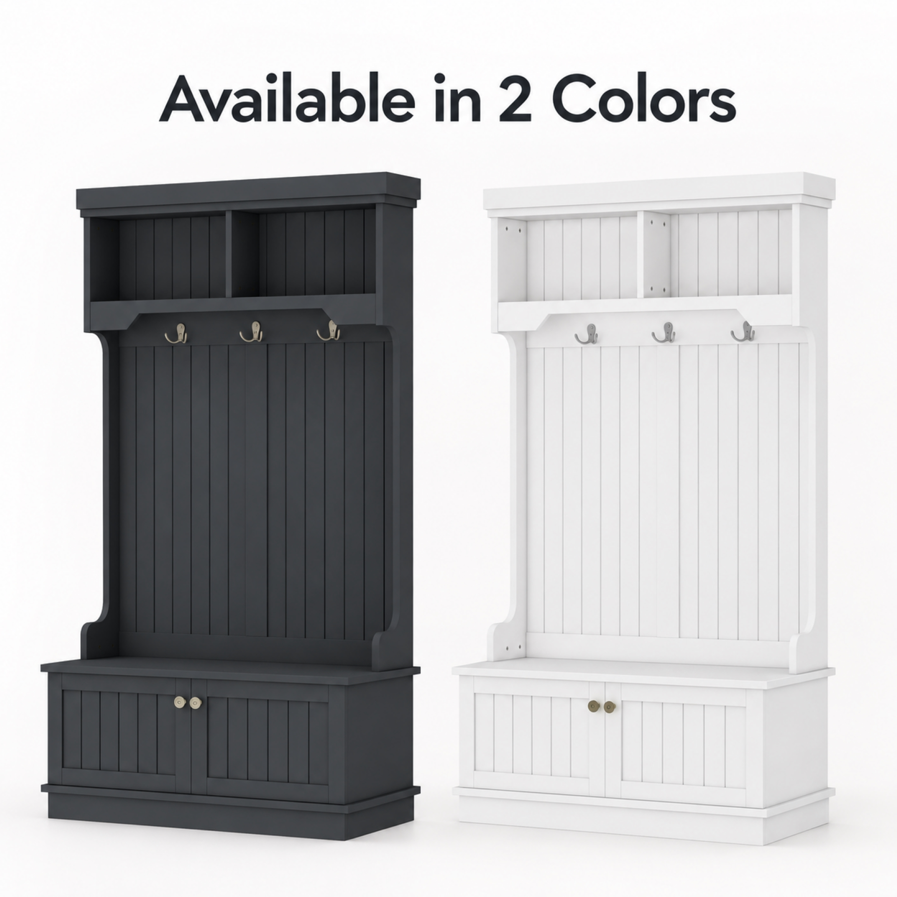Entryway hall tree with storage bench shown in Black and White color options