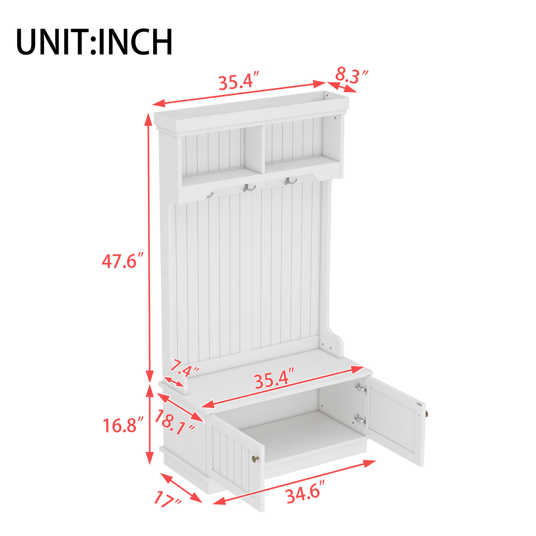 Entryway hall tree with storage bench dimension guide showing overall width depth and height