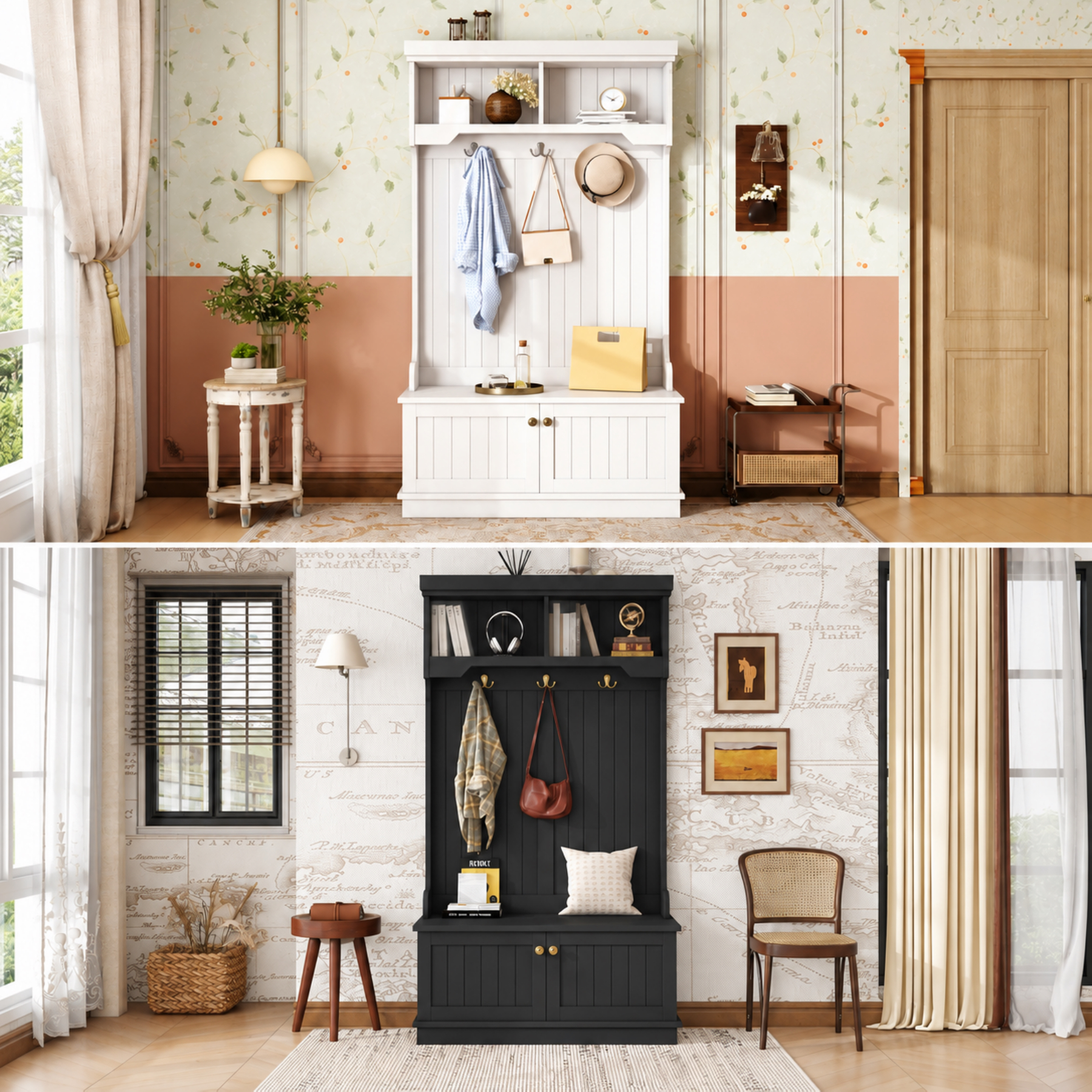 White and black entryway hall trees shown in home settings with storage bench, hooks, and upper shelves